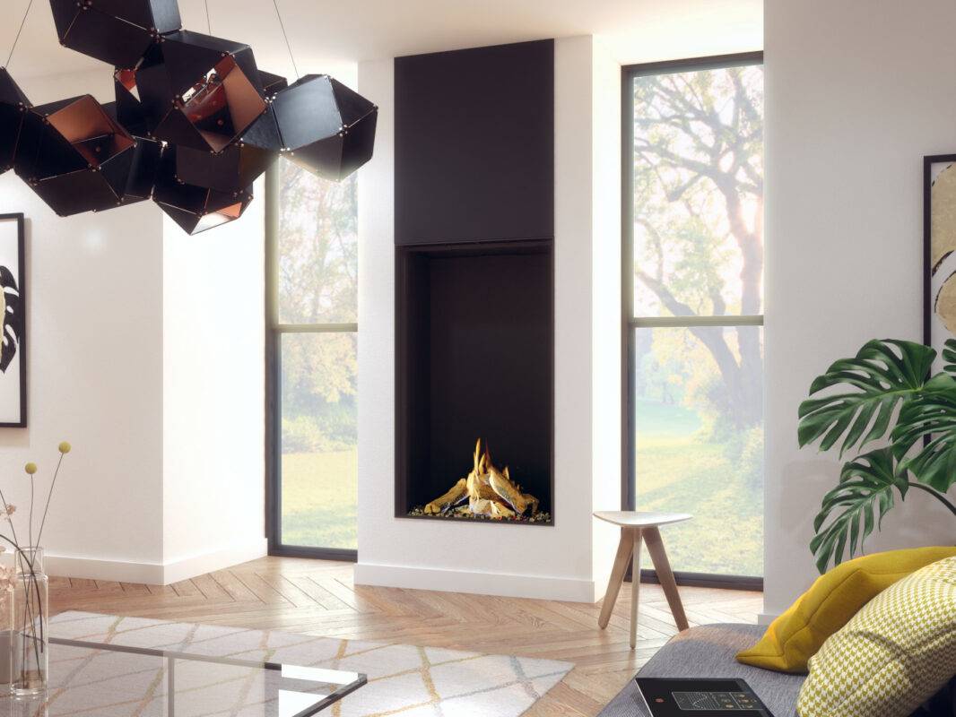 DRU Prestige® 42 Tall luxury gas fireplace in a modern home.