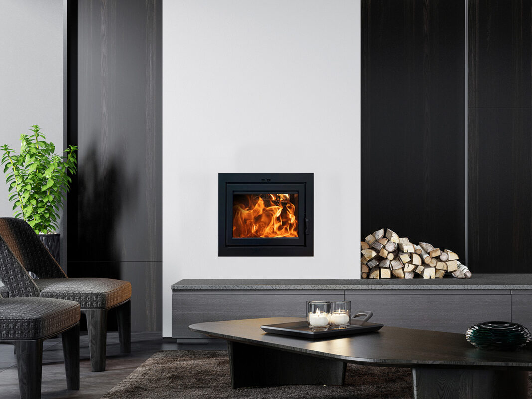 Black Elegance® 30 wood fireplace in a black and white modern room.