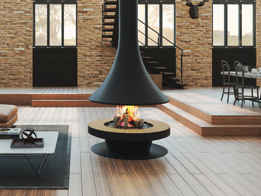 Black JC Bordelet Eva Luxury Suspended Fireplace with yellow bricks in a wood and brick room.