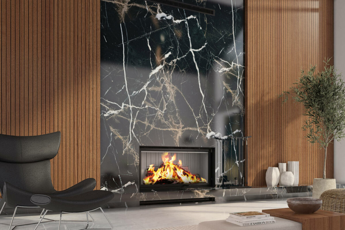 LUXUS® 40 Low Single-Sided Guillotine Wood Fireplace with a black and wood surround.