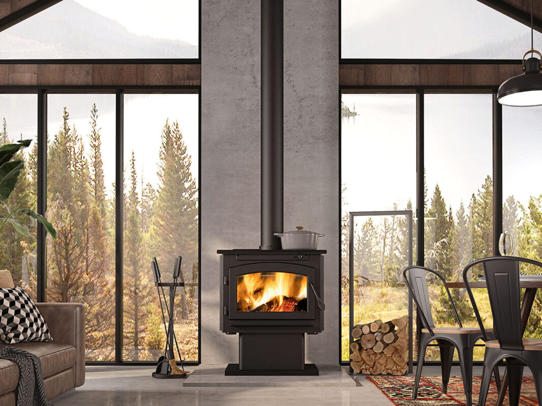 Ambiance Outlander® 15 Wood Stove in modern aesthetic cabin.