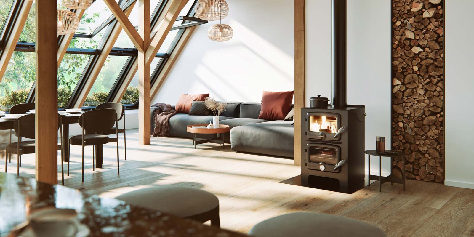 Modern chalet interior with Nectre N350 wood-burning cookstove combining heating and cooking functionality.
